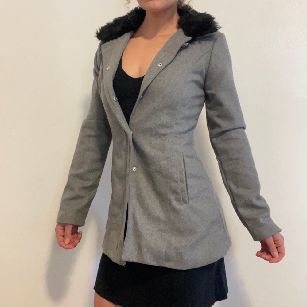 Grey Pea Coat with Faux fur